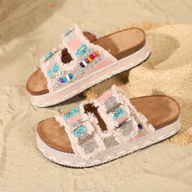 Međunarodni kolodvor za vanjsku trgovinu Nove ženske papuče s debelim potplatom od konoplje, dvosmjernom kopčom od rhinestone pluta, velike veličine