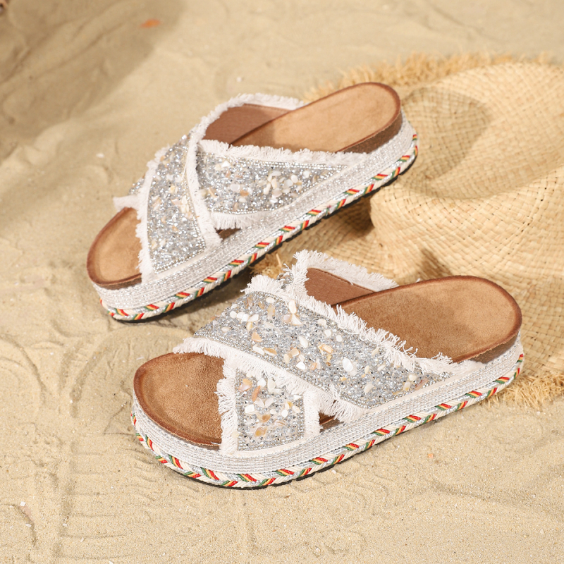 Međunarodni kolodvor za vanjsku trgovinu Nove ženske papuče s debelim potplatom od konoplje, dvosmjernom kopčom od rhinestone pluta, velike veličine