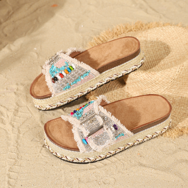 Međunarodni kolodvor za vanjsku trgovinu Nove ženske papuče s debelim potplatom od konoplje, dvosmjernom kopčom od rhinestone pluta, velike veličine