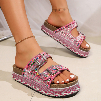 Ljetne nove prekogranične izvozne platforme s debelim potplatom, obojenim perlicama od rhinestona i dvostrukim gumbima za žene, velike veličine