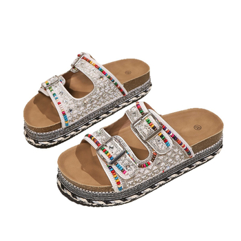 Γυναικείες παντόφλες από φελλό με διπλό κουμπί και χοντρή σόλα, καλοκαιρινές παντόφλες 2025, με νέες πλατφόρμες εξαγωγών για γυναίκες, μεγάλο μέγεθος, με χάντρες από στρας και χοντρό τελείωμα.