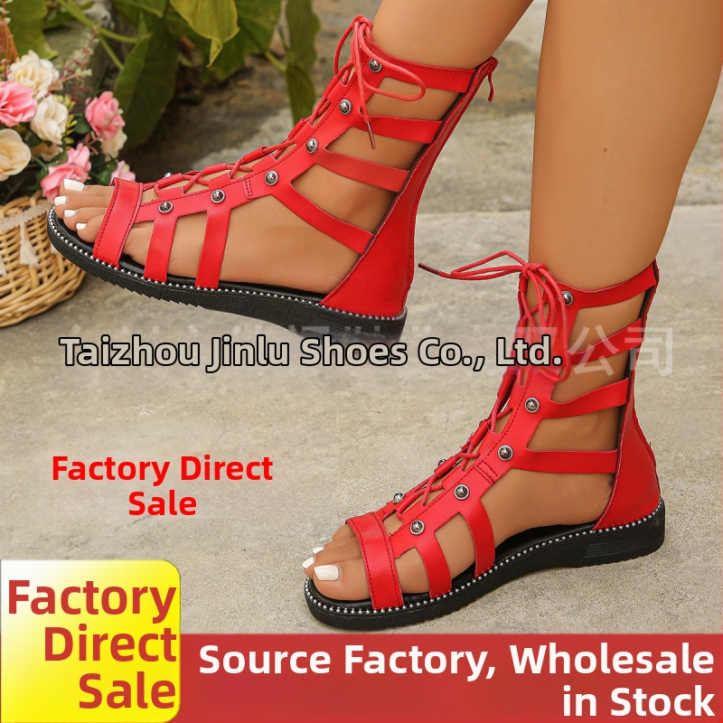 Външна търговия Лято Нов стил Сандали с цип отзад Сандали с римски нитове Високи клинове Дамски износ Големи дамски ботуши