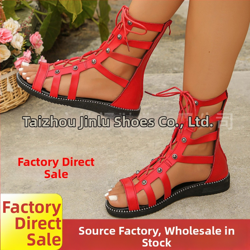 Външна търговия Лято Нов стил Сандали с цип отзад Сандали с римски нитове Високи клинове Дамски износ Големи дамски ботуши