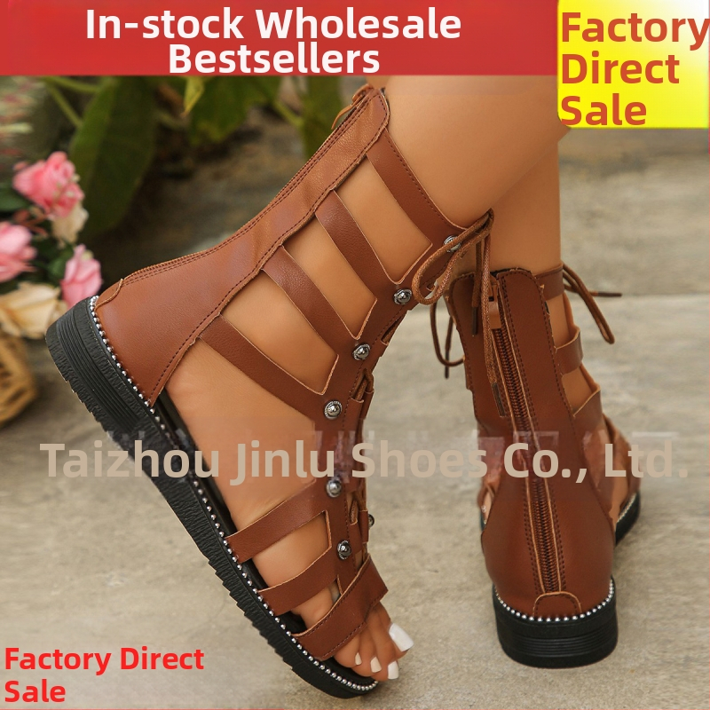 Външна търговия Лято Нов стил Сандали с цип отзад Сандали с римски нитове Високи клинове Дамски износ Големи дамски ботуши