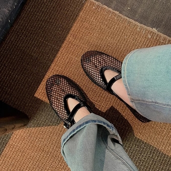 Σε απόθεμα~Γνήσια δερμάτινα σανδάλια με σχισμές και πλέγμα για γυναίκες, καλοκαιρινά, φλατ παπούτσια Mary Jane με αγκράφα και στρογγυλή μύτη, με ρηχό στόμα