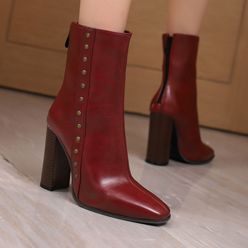 Debele modne kratke čizme, europske i američke čizme s visokom petom, plus veličina 4, vanjska trgovina, nove čizme s zakovicama, crne ženske