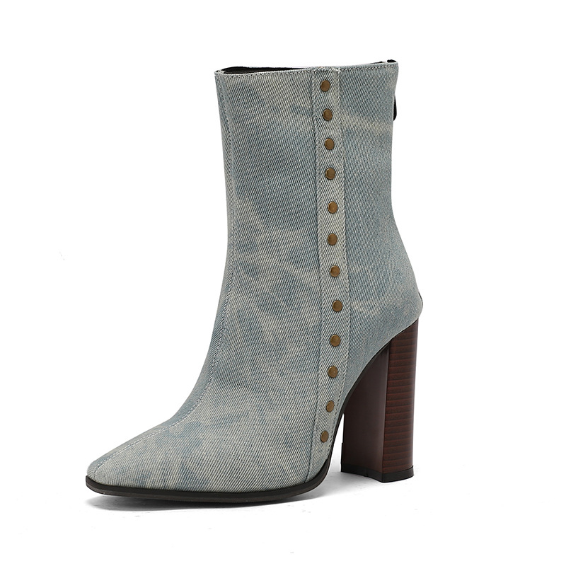 Debele modne kratke čizme, europske i američke čizme s visokom petom, plus veličina 4, vanjska trgovina, nove čizme s zakovicama, crne ženske