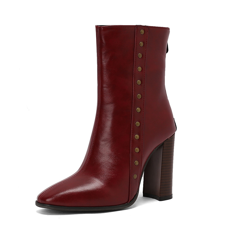 Debele modne kratke čizme, europske i američke čizme s visokom petom, plus veličina 4, vanjska trgovina, nove čizme s zakovicama, crne ženske