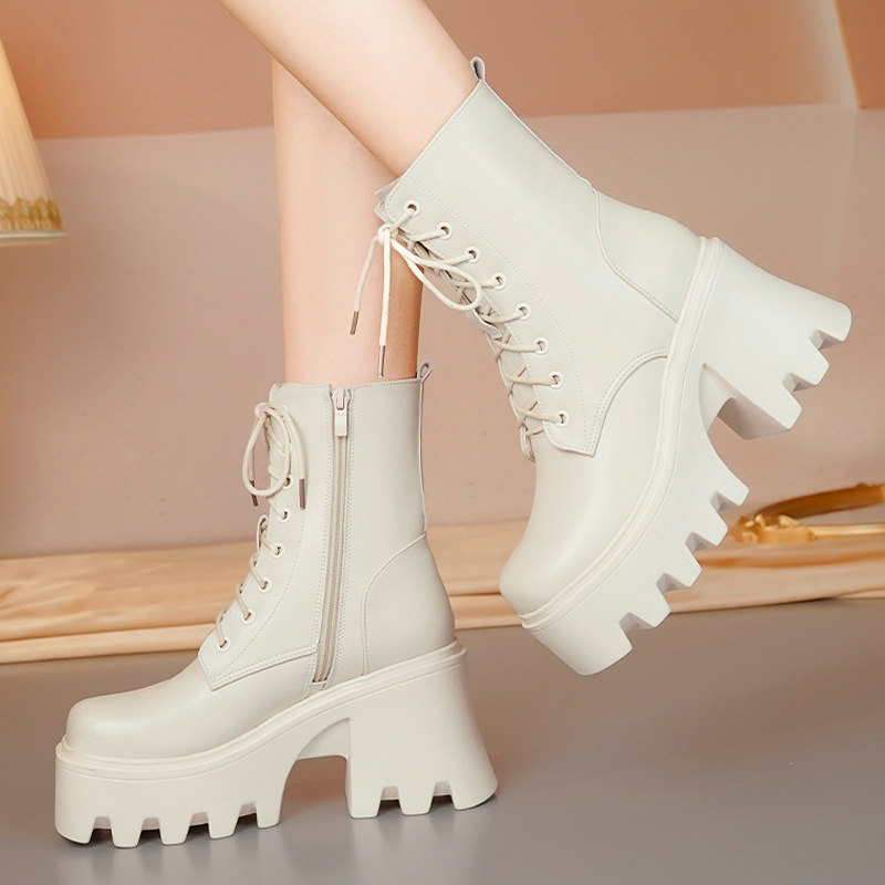 Sieviešu biezas zoles īpaši augstpapēžu kurpes ar kokvilnas pildījumu, augstumu palielinoši Martin zābaki Sieviešu īstas ādas "mafine" apakšdaļas vilnas zābaki ar auklām, kokvilnas pildījumu, vienslāņa zābaki ar cigaretes tipa caurulīti