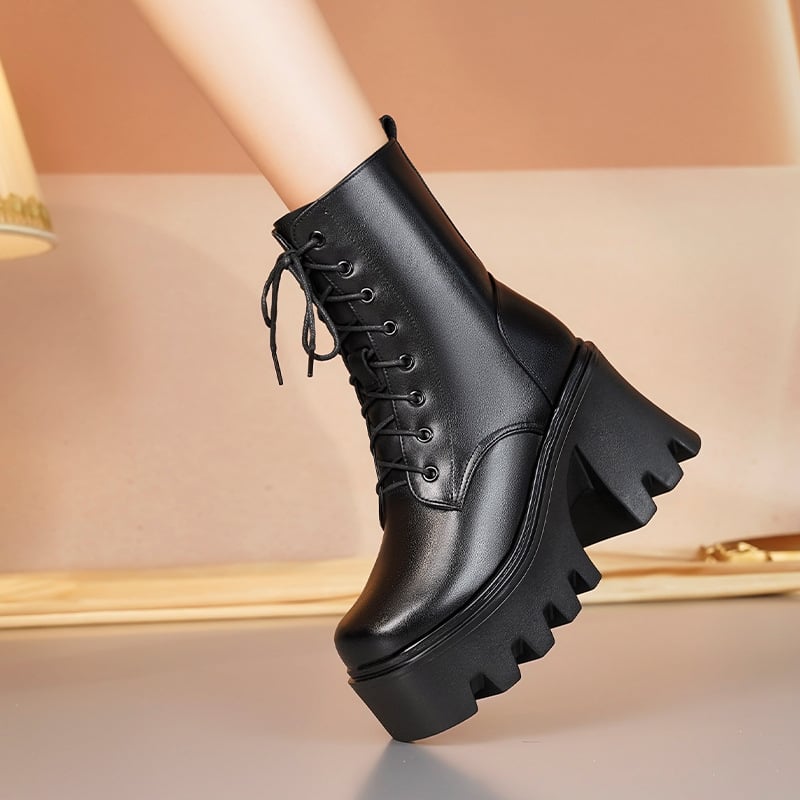 Sieviešu biezas zoles īpaši augstpapēžu kurpes ar kokvilnas pildījumu, augstumu palielinoši Martin zābaki Sieviešu īstas ādas "mafine" apakšdaļas vilnas zābaki ar auklām, kokvilnas pildījumu, vienslāņa zābaki ar cigaretes tipa caurulīti