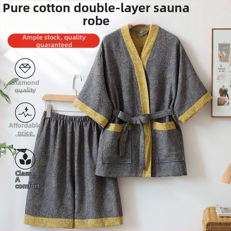 Трансграничен чист памучен двуслоен жакардов костюм за пот, хотелски халат, физиотерапевтичен костюм, масажен сауна костюм, двоен бански костюм на едро