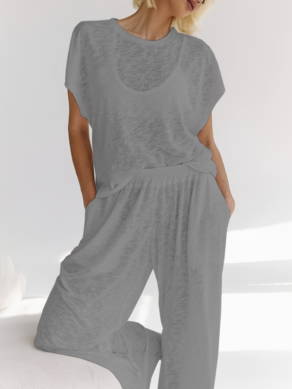 Amazon AliExpressi piiriülesed uued naiste mikroläbipaistvad pehmed ja mugavad ümara kaelusega lühikeste varrukatega püksid koduriiete komplekt