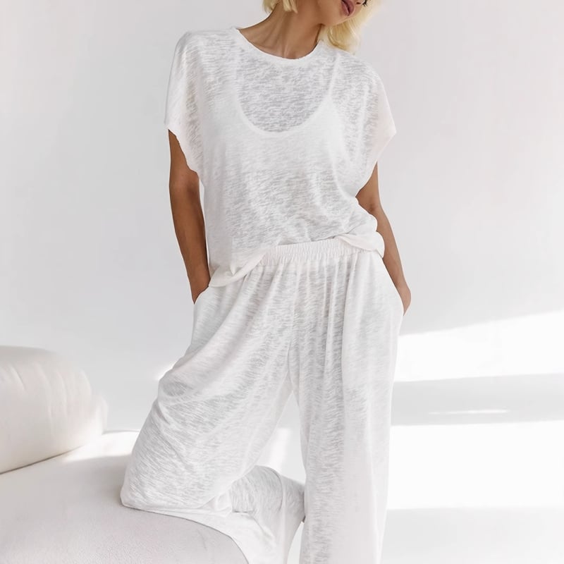 Amazon AliExpress Crossborder Nou Set de haine pentru femei micro-transparente, moi și confortabile, cu guler rotund, pantaloni cu mânecă scurtă, lejeri, micro-transparenti, pentru casă