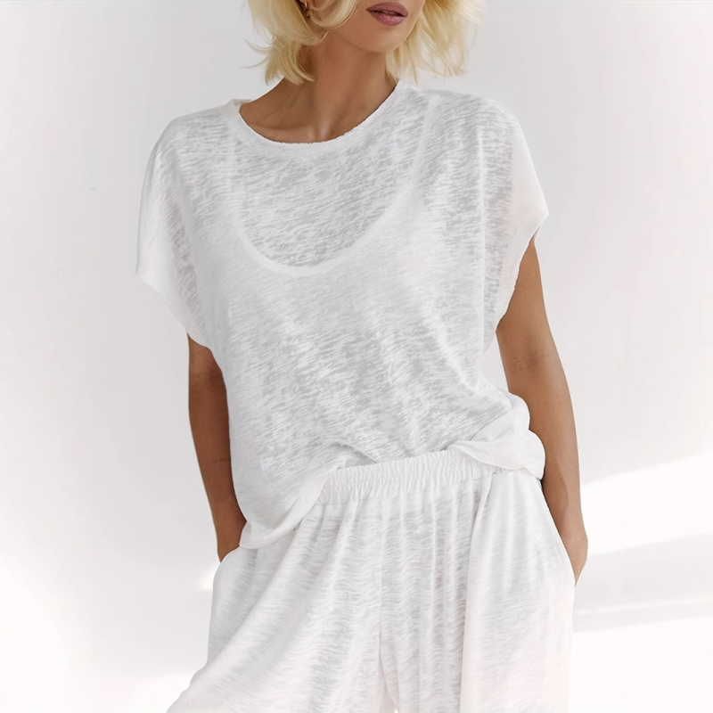 Amazon AliExpressi piiriülesed uued naiste mikroläbipaistvad pehmed ja mugavad ümara kaelusega lühikeste varrukatega püksid koduriiete komplekt