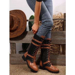 Европейски и американски външни търговски плюс размери, дълги рицарски ботуши с катарама и катарама, дамски есенни нови ботуши с връзки и кръгъл връх, квадратен ток, кожени ботуши с връзки, Amazon