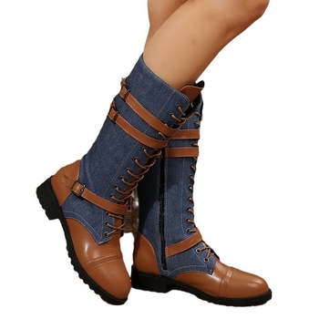 Европейски и американски външни търговски плюс размери, дълги рицарски ботуши с катарама и катарама, дамски есенни нови ботуши с връзки и кръгъл връх, квадратен ток, кожени ботуши с връзки, Amazon