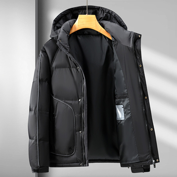 Aukštos klasės lengva pūkinė striukė, vyriška žieminė, trumpa, laisvalaikio stiliaus, vidutinio ir vyresnio amžiaus stora šilta vyriška striukė su gobtuvu