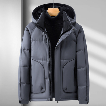 Aukštos klasės lengva pūkinė striukė, vyriška žieminė, trumpa, laisvalaikio stiliaus, vidutinio ir vyresnio amžiaus stora šilta vyriška striukė su gobtuvu