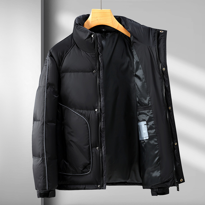 Aukštos klasės lengva pūkinė striukė, vyriška žieminė, trumpa, laisvalaikio stiliaus, vidutinio ir vyresnio amžiaus stora šilta vyriška striukė su gobtuvu