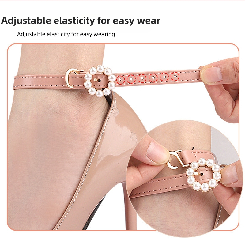 Обувки на висок ток с дантела, кръгла перлена катарама, противоударна пета около глезена, противоударна перлена дантелена каишка за обувки