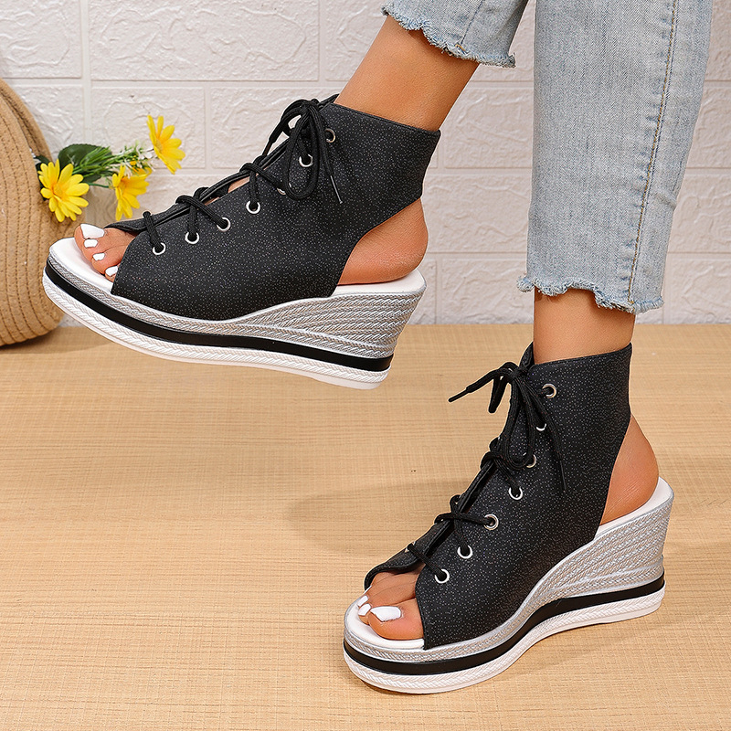 Σανδάλια Εξωτερικού Εμπορίου με Χοντρή Σόλα και Λεοπάρ Στυλ για Γυναικεία, Νέο Ευρωπαϊκό και Αμερικανικό Στυλ για το Καλοκαίρι, Μεγάλα Σανδάλια Πλατφόρμας με Ανοιχτή Δάχτυλη και Δέσιμο μπροστά, σε Ευρωπαϊκό και Αμερικανικό Στυλ