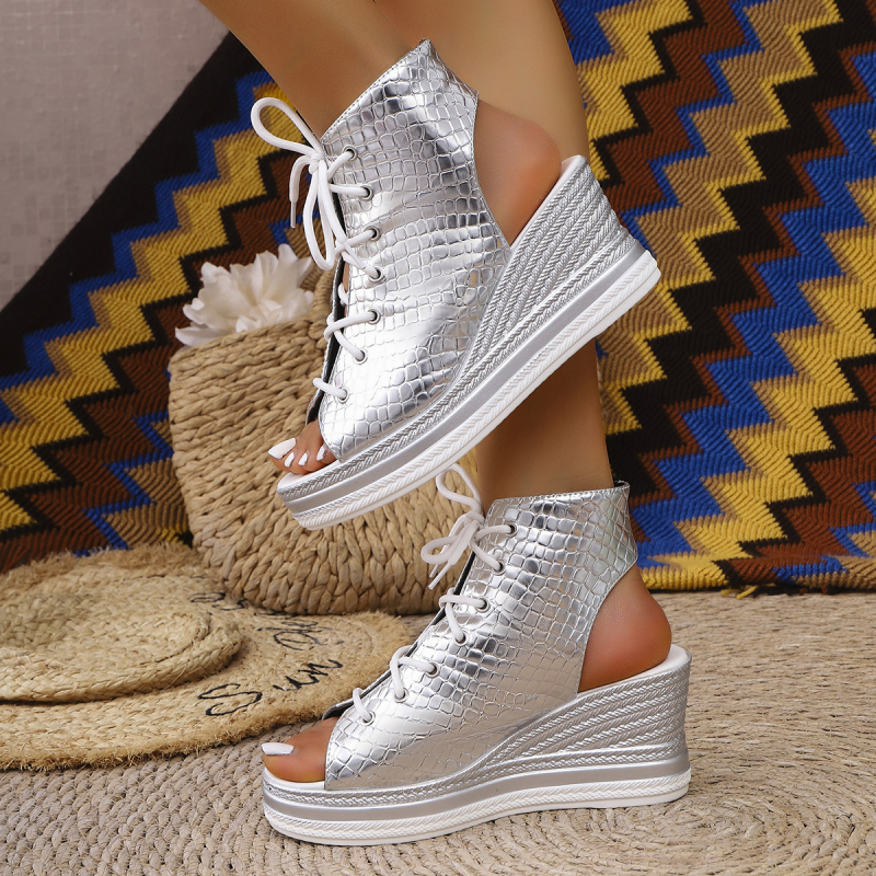 Σανδάλια Εξωτερικού Εμπορίου με Χοντρή Σόλα και Λεοπάρ Στυλ για Γυναικεία, Νέο Ευρωπαϊκό και Αμερικανικό Στυλ για το Καλοκαίρι, Μεγάλα Σανδάλια Πλατφόρμας με Ανοιχτή Δάχτυλη και Δέσιμο μπροστά, σε Ευρωπαϊκό και Αμερικανικό Στυλ