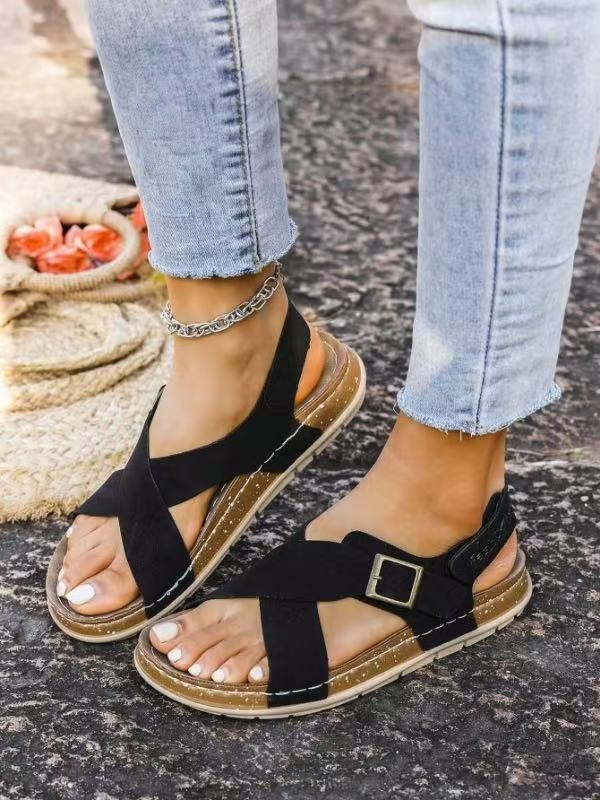 Дамски сандали 2025 Лято Нови Коркови Плоски Плажни Сандали с Кръстосани Каишки, Външна Търговия, Отворени Върхове, Велкро Дамски Обувки