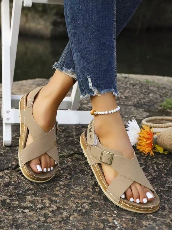 Дамски сандали 2025 Лято Нови Коркови Плоски Плажни Сандали с Кръстосани Каишки, Външна Търговия, Отворени Върхове, Велкро Дамски Обувки