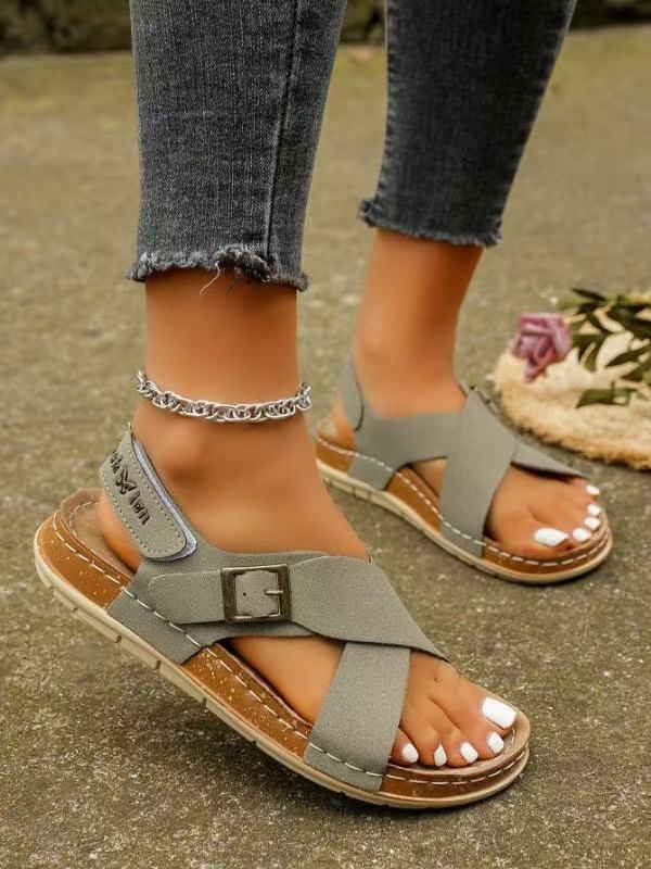 Дамски сандали 2025 Лято Нови Коркови Плоски Плажни Сандали с Кръстосани Каишки, Външна Търговия, Отворени Върхове, Велкро Дамски Обувки