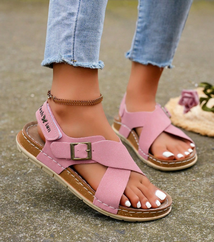 Дамски сандали 2025 Лято Нови Коркови Плоски Плажни Сандали с Кръстосани Каишки, Външна Търговия, Отворени Върхове, Велкро Дамски Обувки