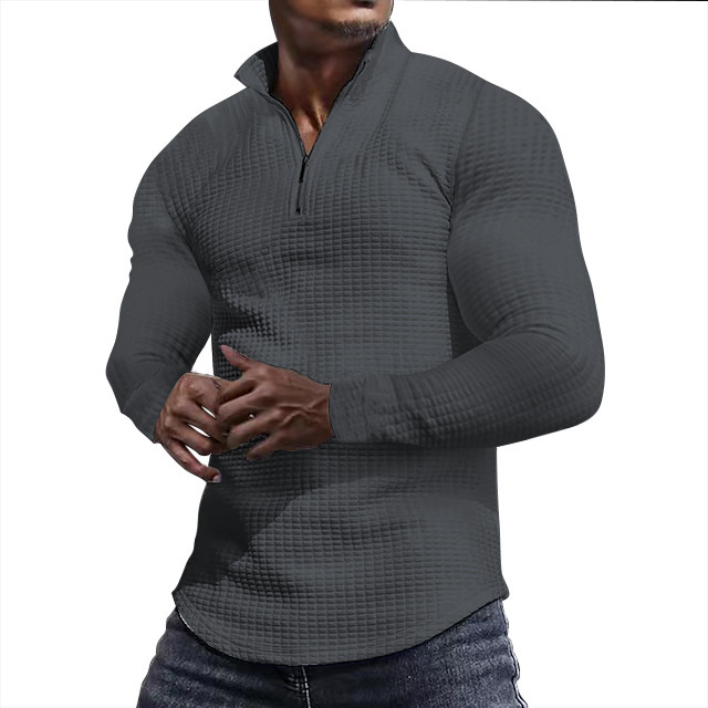 Muška majica dugih rukava s ovratnikom i patentnim zatvaračem, prekogranična europska i američka majica s malim kockastim uzorkom i polu-zatvaračem za proljeće 2025.