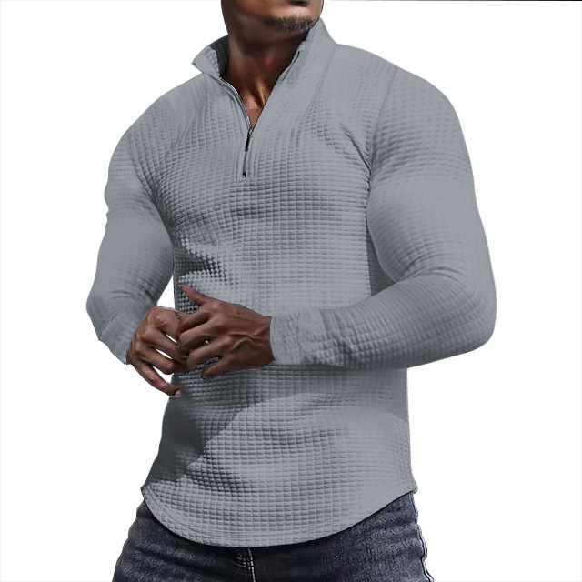 Muška majica dugih rukava s ovratnikom i patentnim zatvaračem, prekogranična europska i američka majica s malim kockastim uzorkom i polu-zatvaračem za proljeće 2025.