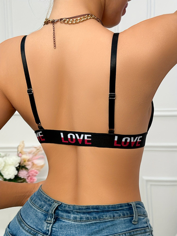 Elegantne naiste eestkinnitusega push-up rinnahoidja - kõrge toestusega, traatideta, must aluspesu, kirjadega