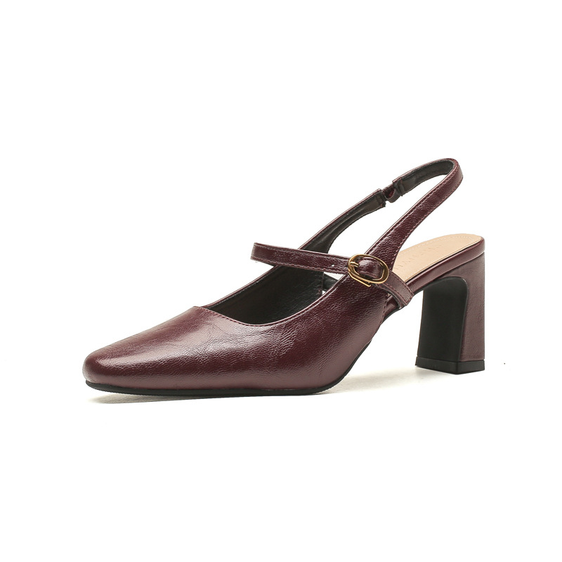 Jin Gang J4703_J6803 Висок ток 2025 Нови летни чехли с квадратна глава и дебел ток, всички размери, с празни задни части за жени