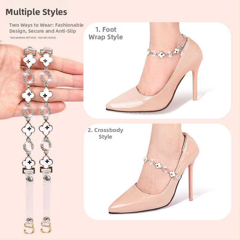 Боти на висок ток с четирилистна детелина, регулируеми връзки с една дума, невидим колан за фиксиране, предотвратяващ падане на петата, без монтаж