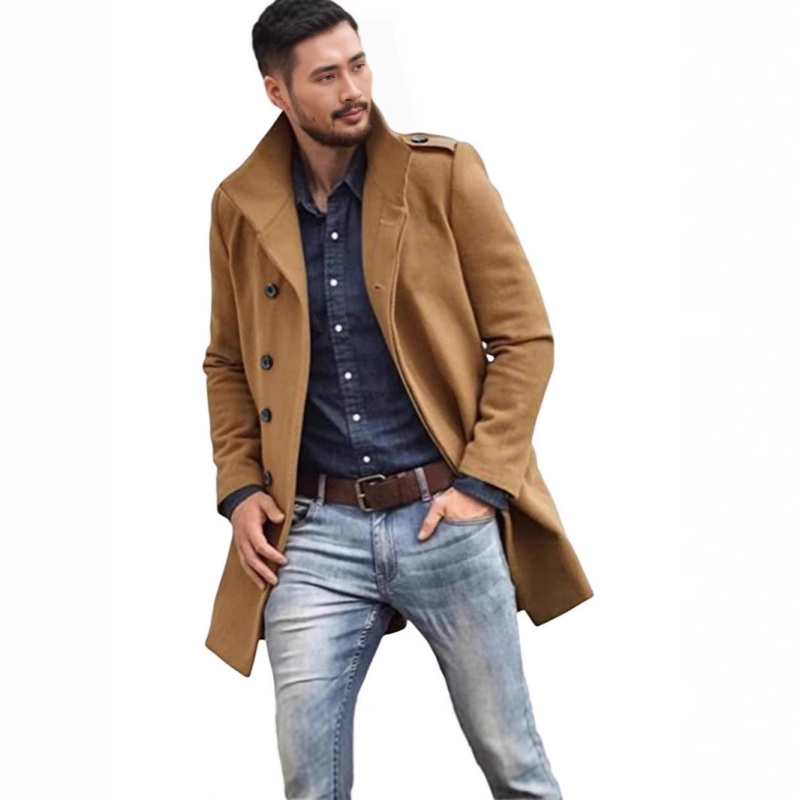 Palton lung de trench pentru bărbați, toamnă și iarnă, transfrontalier, Europa și Statele Unite, din lână, cu guler înalt, culoare solidă, jachetă bărbătească, cu piept