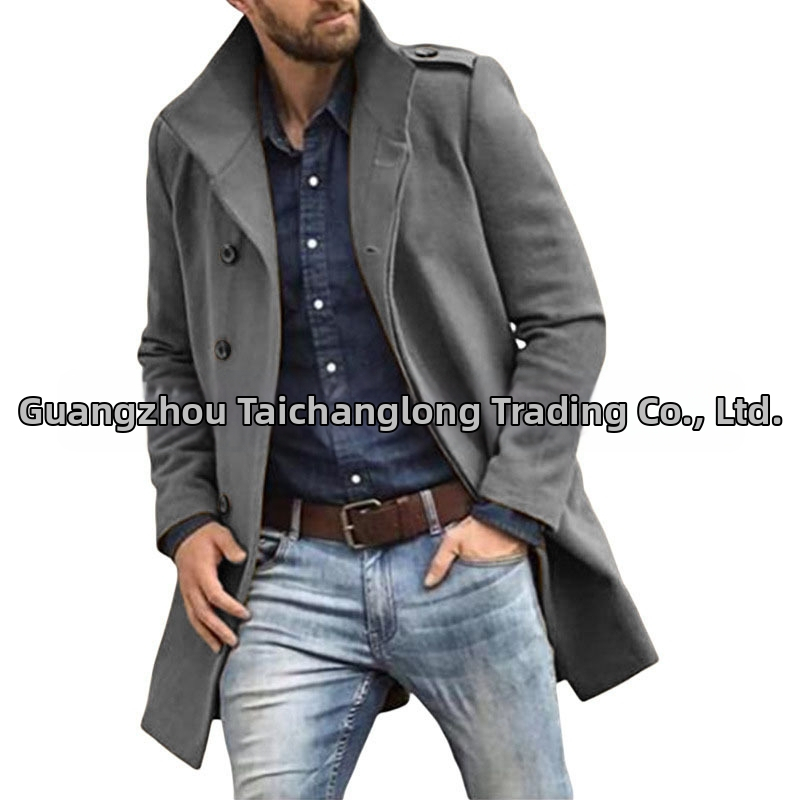 Palton lung de trench pentru bărbați, toamnă și iarnă, transfrontalier, Europa și Statele Unite, din lână, cu guler înalt, culoare solidă, jachetă bărbătească, cu piept