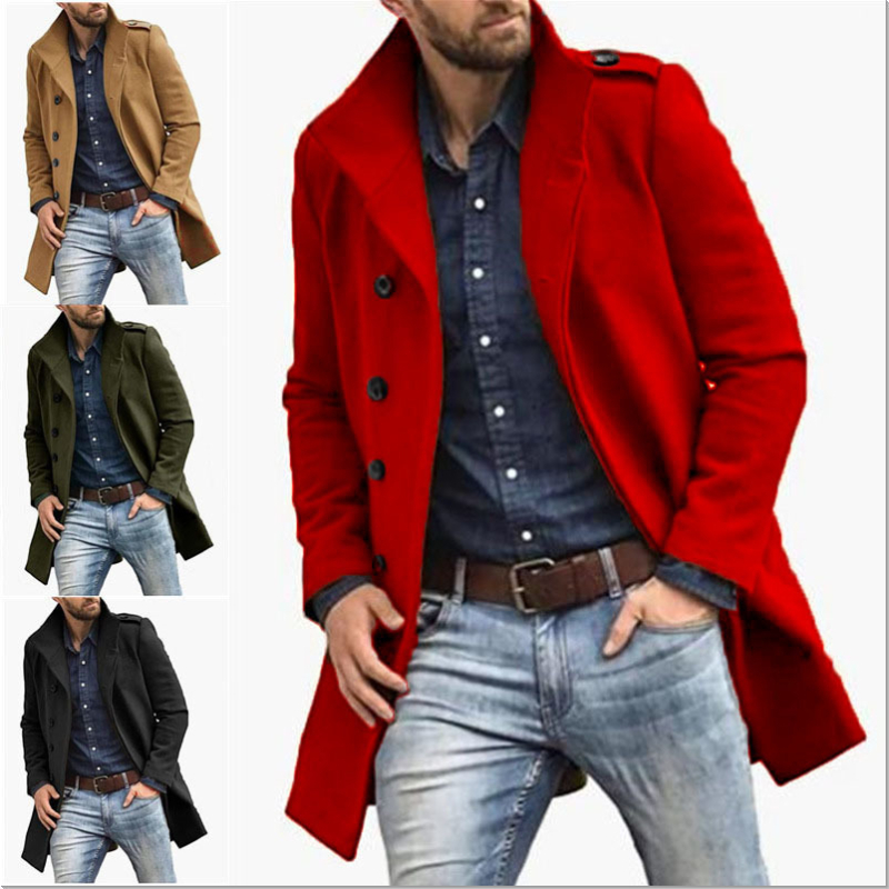 Palton lung de trench pentru bărbați, toamnă și iarnă, transfrontalier, Europa și Statele Unite, din lână, cu guler înalt, culoare solidă, jachetă bărbătească, cu piept