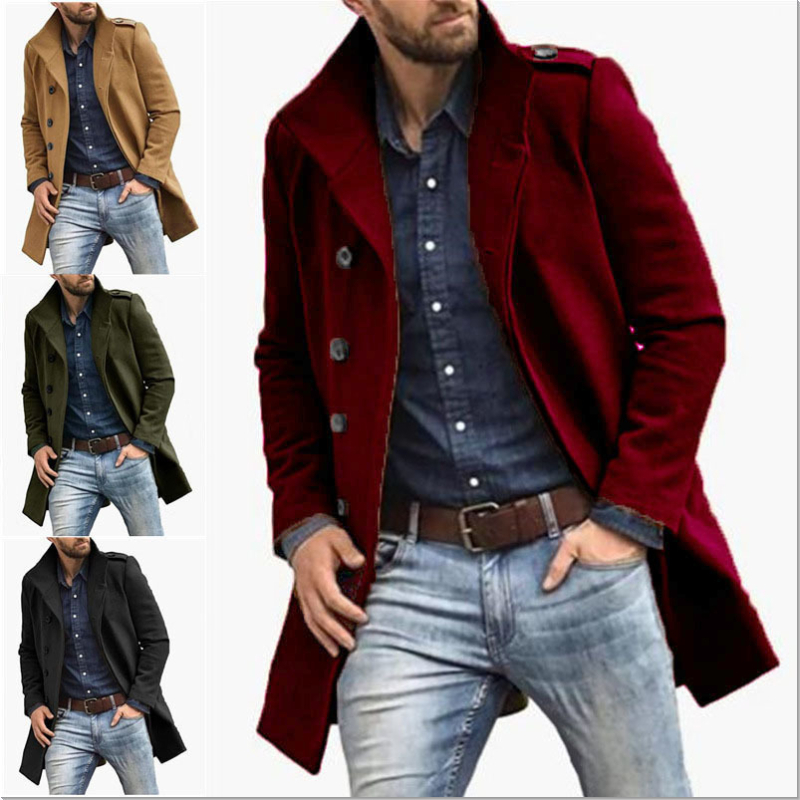 Palton lung de trench pentru bărbați, toamnă și iarnă, transfrontalier, Europa și Statele Unite, din lână, cu guler înalt, culoare solidă, jachetă bărbătească, cu piept