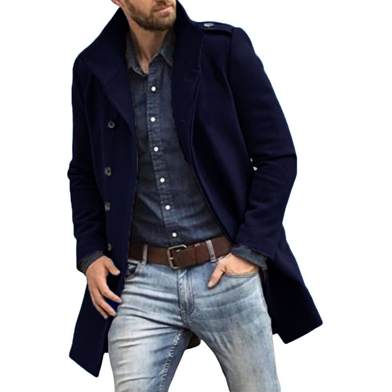 Palton lung de trench pentru bărbați, toamnă și iarnă, transfrontalier, Europa și Statele Unite, din lână, cu guler înalt, culoare solidă, jachetă bărbătească, cu piept