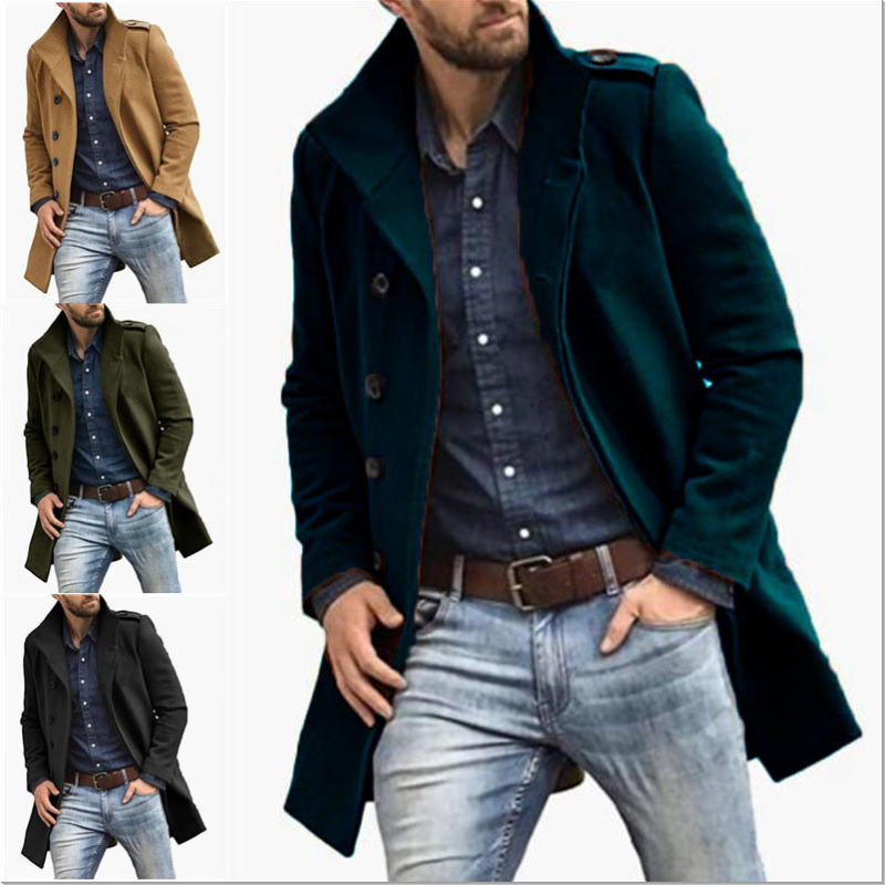 Palton lung de trench pentru bărbați, toamnă și iarnă, transfrontalier, Europa și Statele Unite, din lână, cu guler înalt, culoare solidă, jachetă bărbătească, cu piept