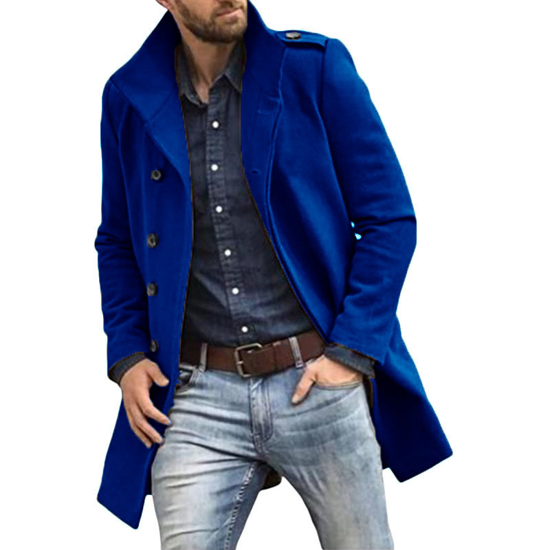 Palton lung de trench pentru bărbați, toamnă și iarnă, transfrontalier, Europa și Statele Unite, din lână, cu guler înalt, culoare solidă, jachetă bărbătească, cu piept