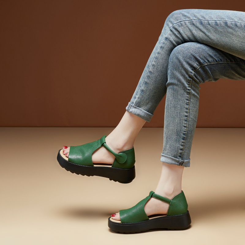 [govs ādas pirmais slānis] 2025. gada vasaras retro stila biezas zoles "zivs mutes" sandales sieviešu sandales sieviešu apavi