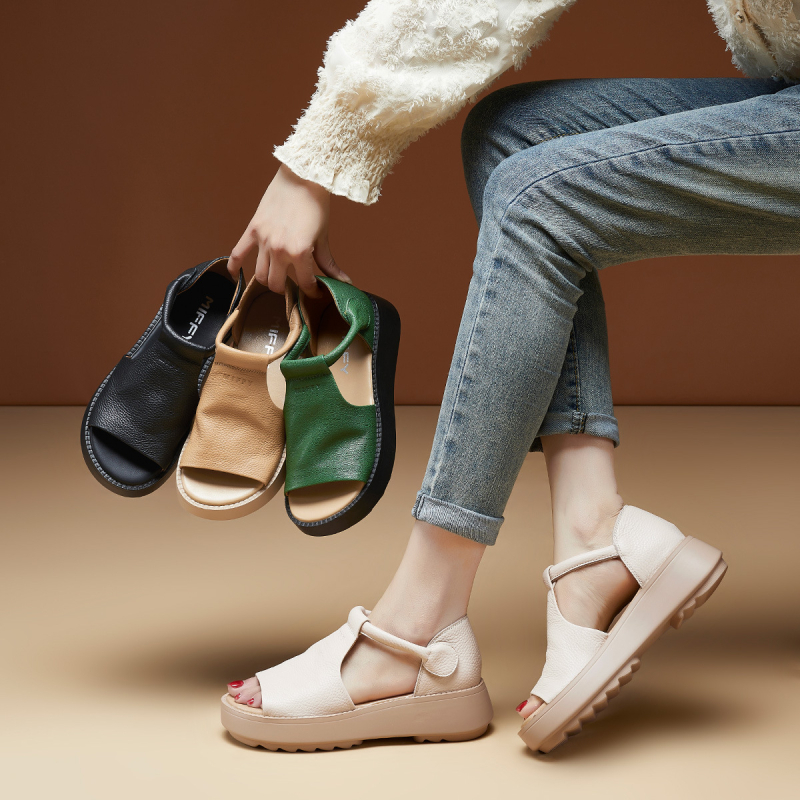 [govs ādas pirmais slānis] 2025. gada vasaras retro stila biezas zoles "zivs mutes" sandales sieviešu sandales sieviešu apavi