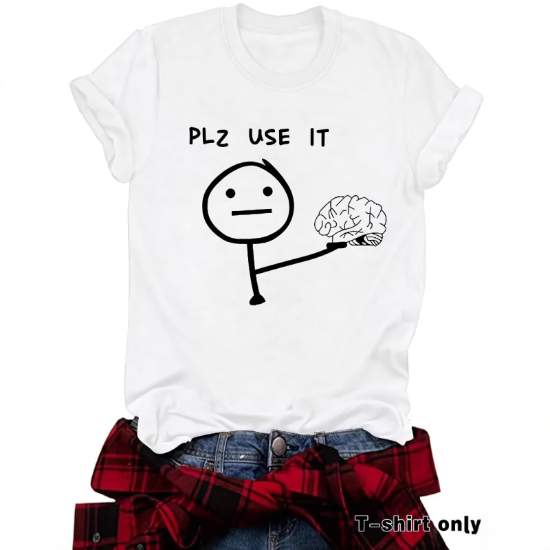 Tricou cu mânecă scurtă și guler rotund cu buline europene și americane, vă rugăm să folosiți creierul, tricou imprimat distractiv și drăguț pentru femei, vânzare fierbinte