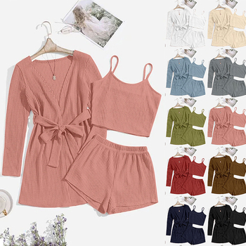 Gofrimintás, kültéri viselet, háromrészes otthoni ruházat, női harisnyatartós rövidnadrág, köntös, fürdőköntös, hétköznapi pizsama szett, W0253