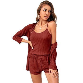 Gofrimintás, kültéri viselet, háromrészes otthoni ruházat, női harisnyatartós rövidnadrág, köntös, fürdőköntös, hétköznapi pizsama szett, W0253