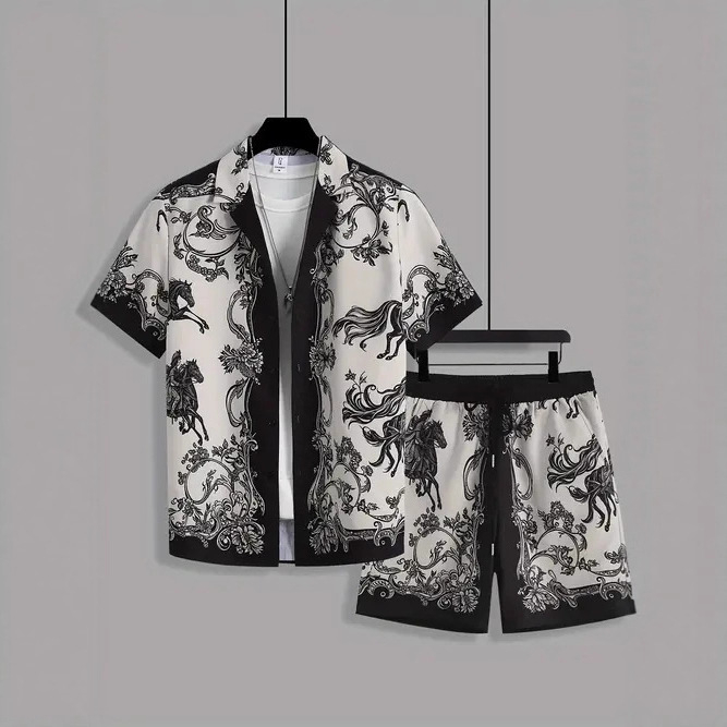 Američki prekogranični 2025. novi ležerni modni visokokvalitetni kubanski ovratnik s kratkim rukavima, kratke hlače