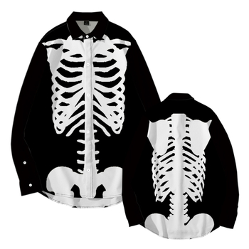 Tarpvalstybinis tiekimas. Helovininės tamsios serijos kaukolės skeleto 3D marškinėliai su atlapu. Korėjietiško stiliaus ploni laisvalaikio marškinėliai ilgomis rankovėmis.