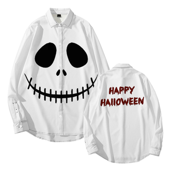 Tarpvalstybinis tiekimas. Helovininės tamsios serijos kaukolės skeleto 3D marškinėliai su atlapu. Korėjietiško stiliaus ploni laisvalaikio marškinėliai ilgomis rankovėmis.